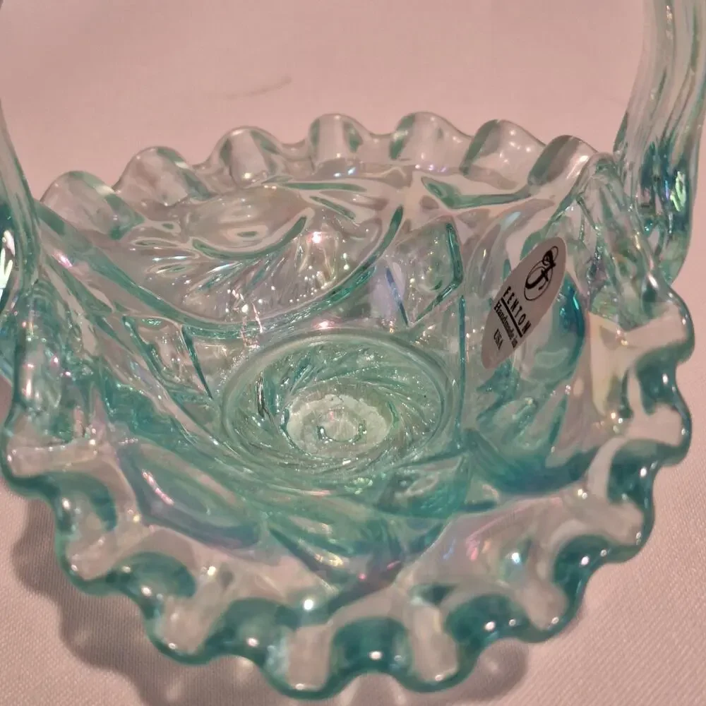 Vintage Fenton Glass Aquamarine Iridescent Ruffled Mini Basket Sticker